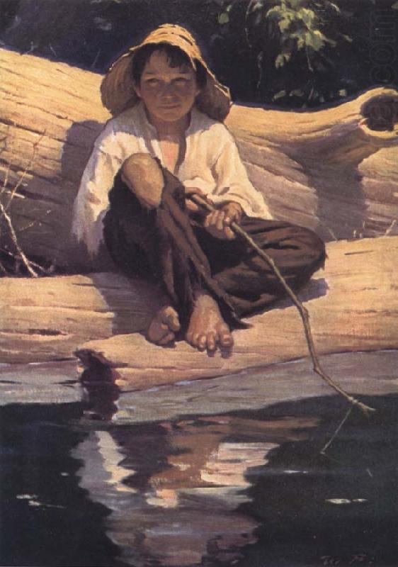 Forntispiece illustration for The Adventures of Huckleberry Finn by mark Twain, Worth Brehm